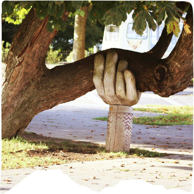 tree carved into a helping hand